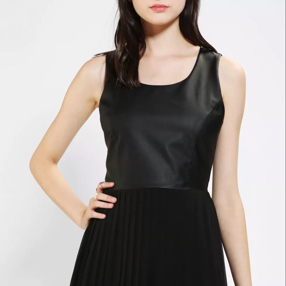 Urban Outfitters Sparkle & Fade Black Vegan Leather-Bodice Pleated Dress